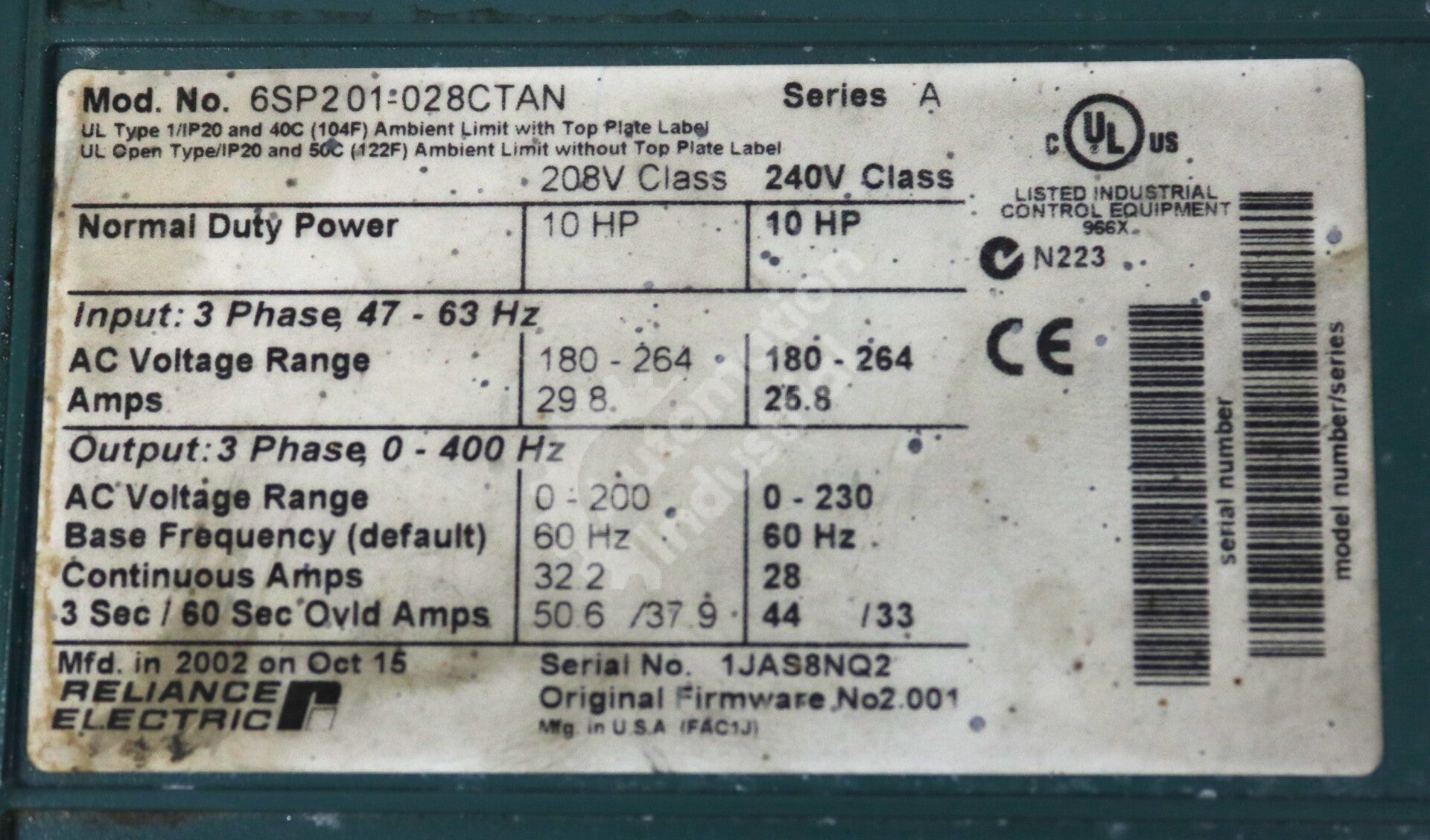 6SP201-028CTAN By Reliance Electric SP600 AC Drive