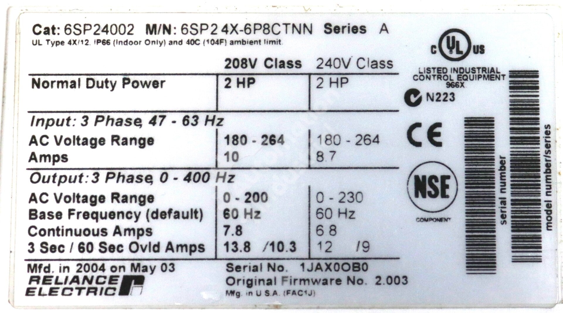 6SP24X-6P8CTNN By Reliance Electric 2HP 200-240V Sensorless AC Drive SP600