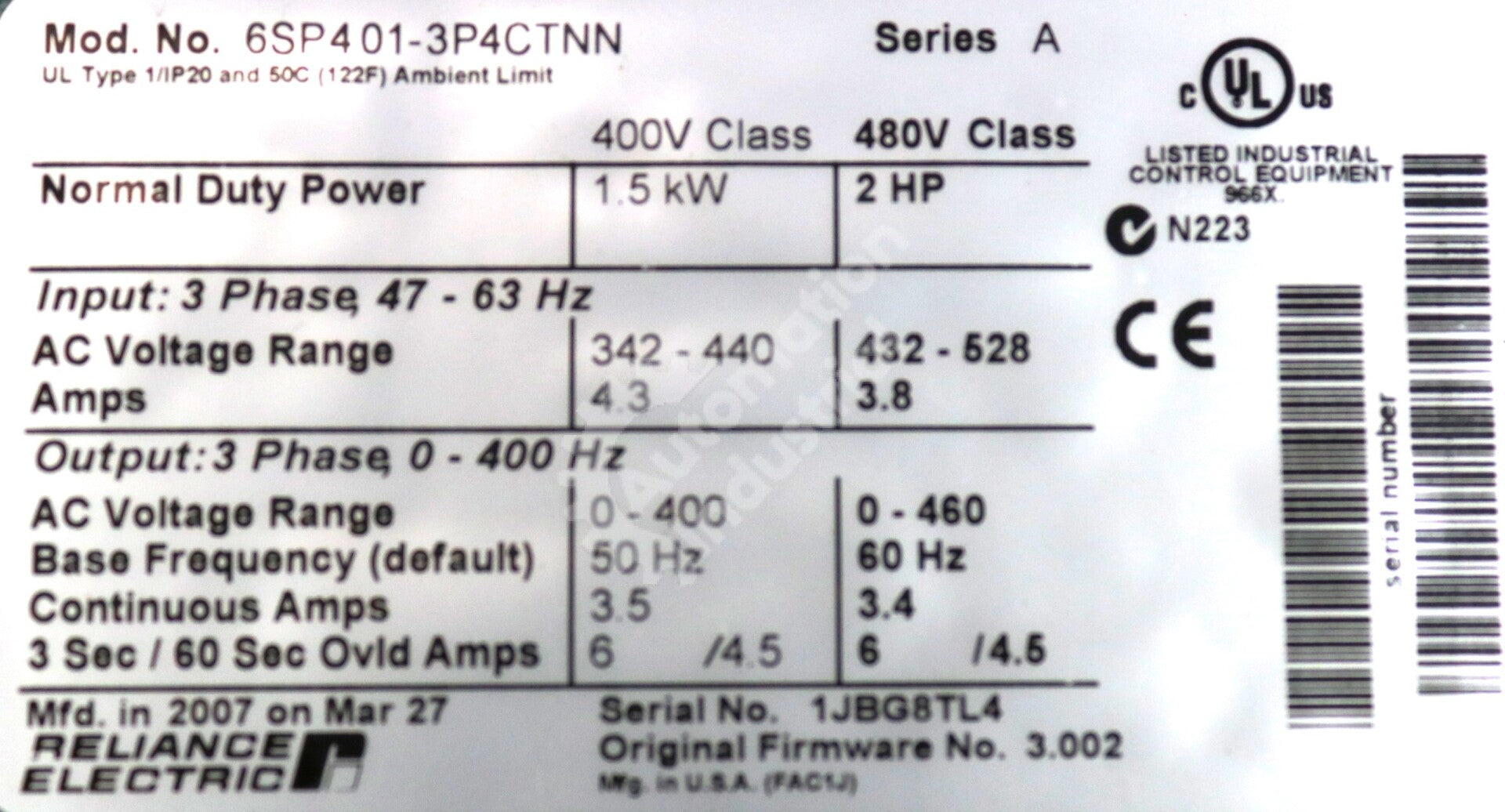 6SP401-3P4CTNN By Reliance Electric 2HP 460VAC AC Drive SP600