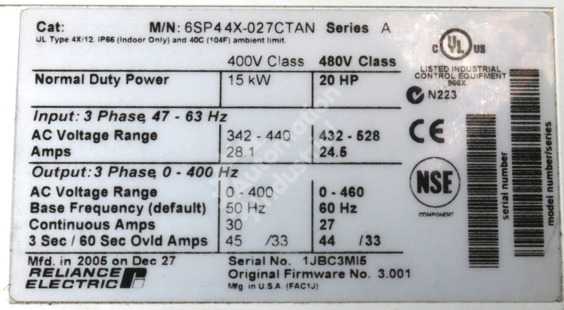 6SP44X-027CTAN By Reliance Electric 20HP 460V Inverter Drive SP600