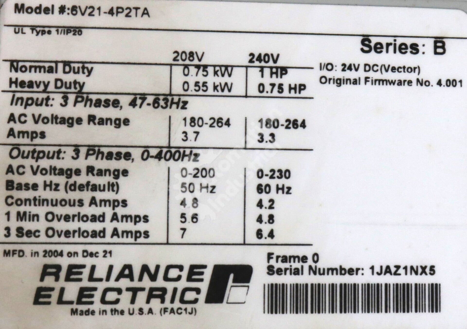 6V21-4P2TA By Reliance Electric 1HP IPS Tempo Varible AC Drive GV6000