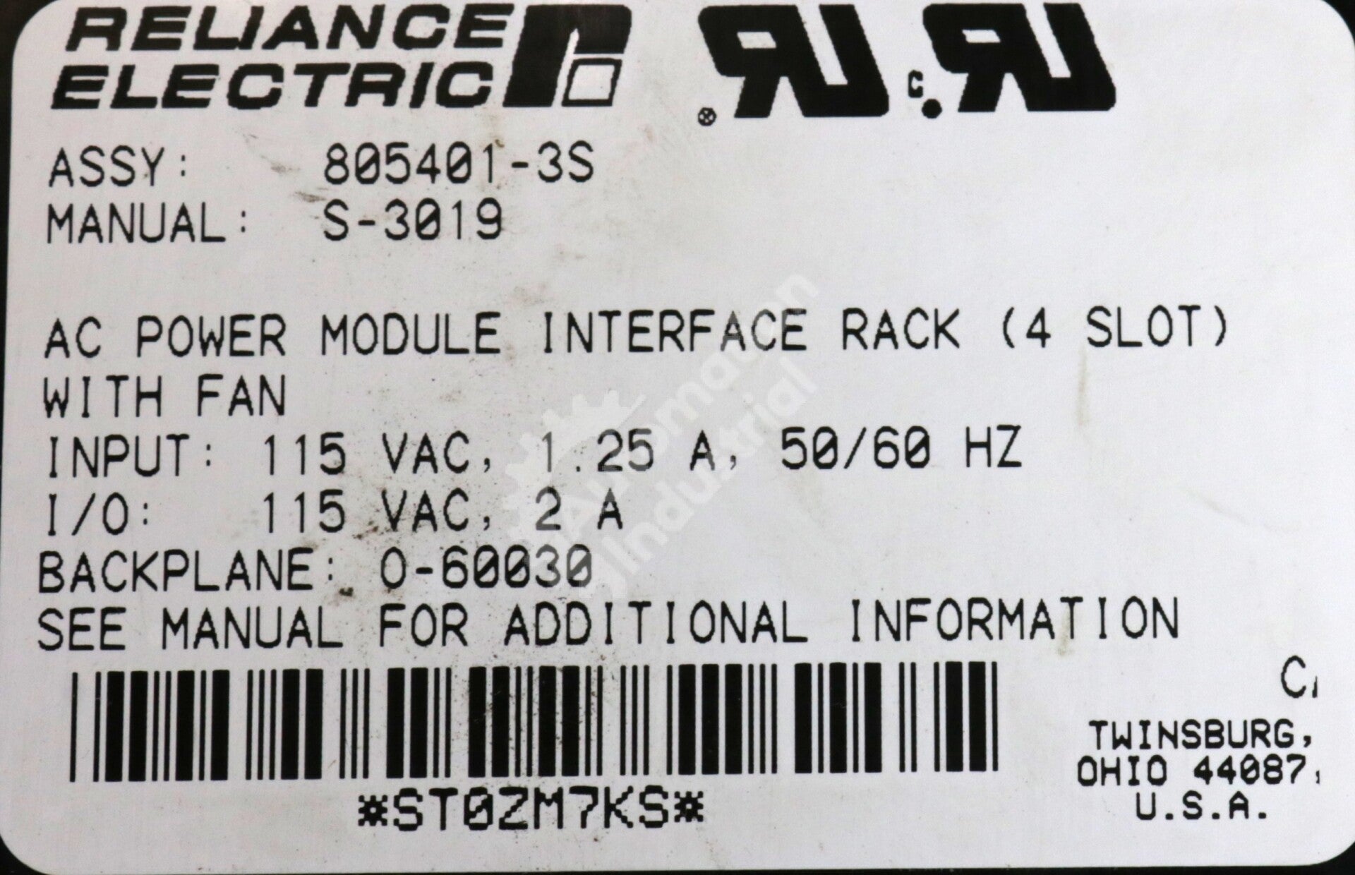 805401-3S By Reliance Electric 4-Slot AC Power Interface Rack Module AutoMax