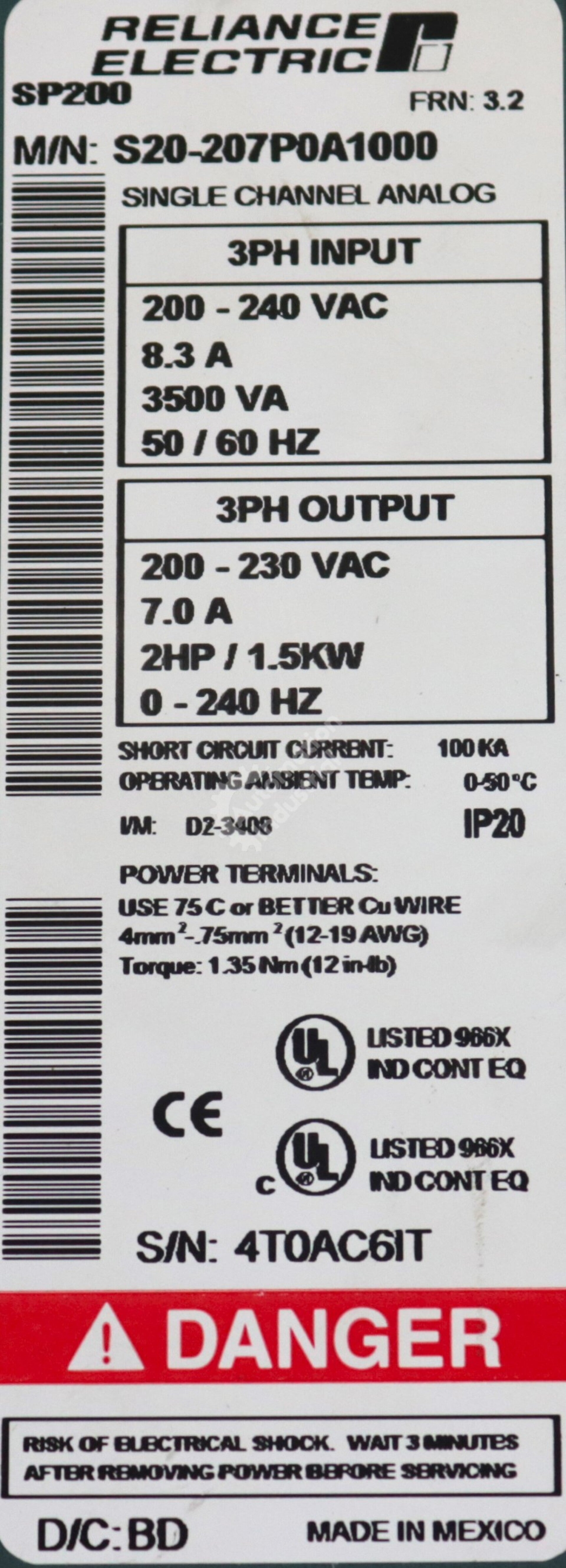 S20-207P0A1000 By Reliance Electric 200-240VAC AC 2HP Drive SP200