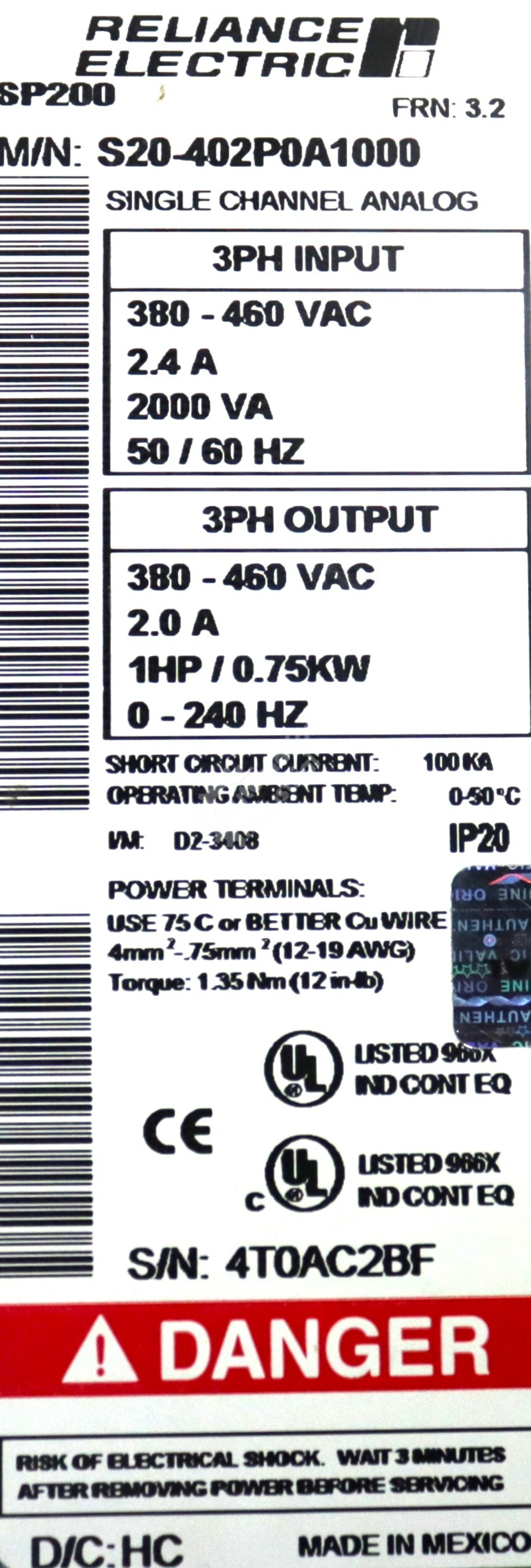 S20-402P0A1000 By Reliance Electric AC Drive SP200