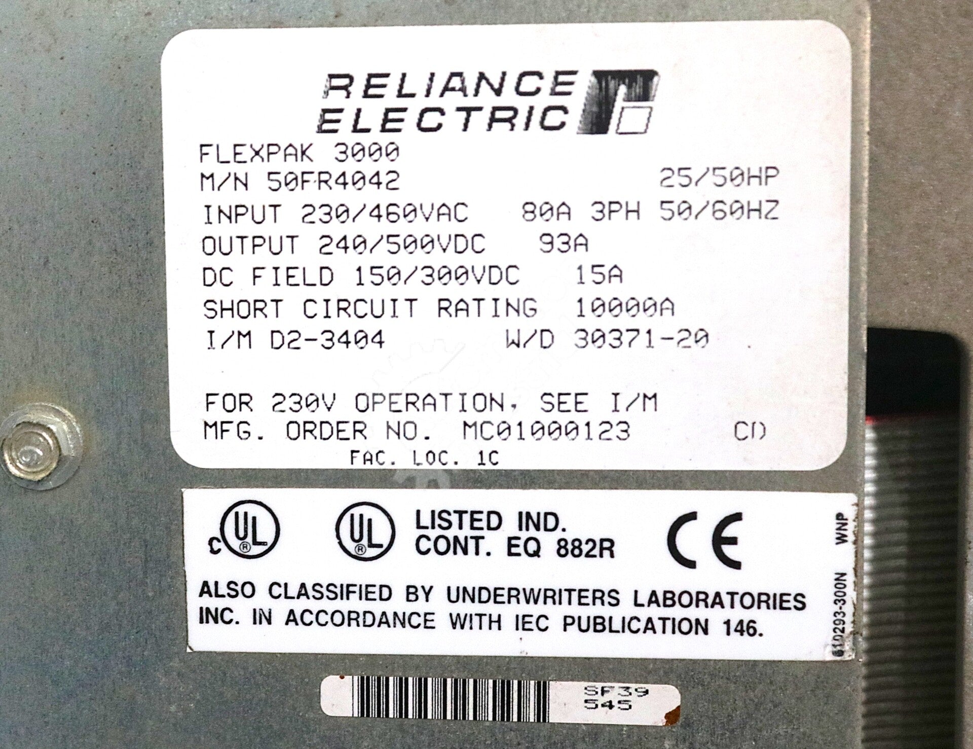 50FR4042 By Reliance Electric 460VDC 50HP FlexPak 3000 DC Drive