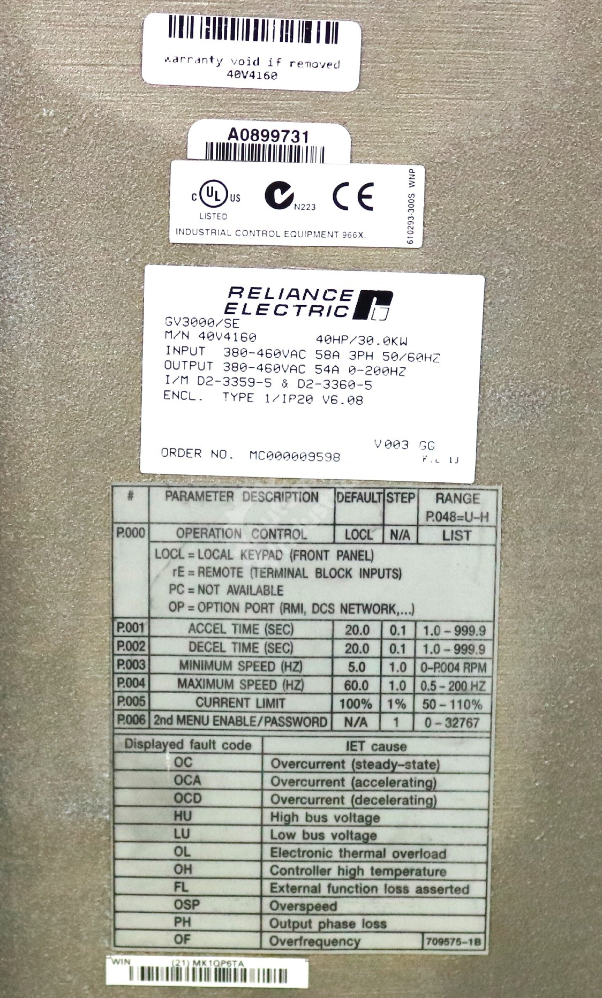 40V4160 By Reliance Electric 3 Phase 40HP GV3000 Drive