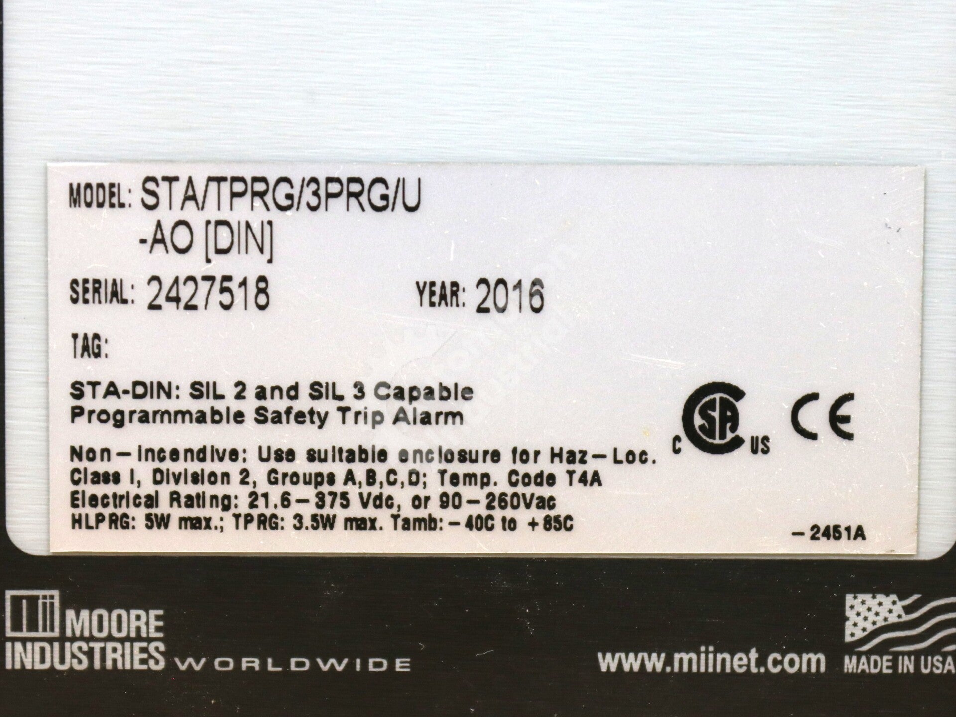 STA/TPRG/3PRG/U-AO-DIN By Moore 90-260VAC Functional Safety Alarm Trip