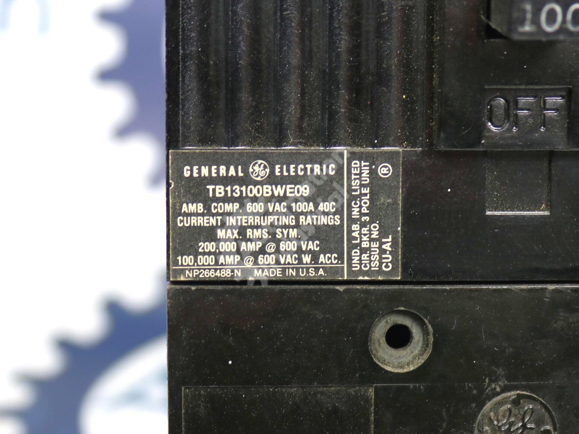 TB13100BWE09 By General Electric 600VAC 100AMP Tri-Break Circuit Breaker