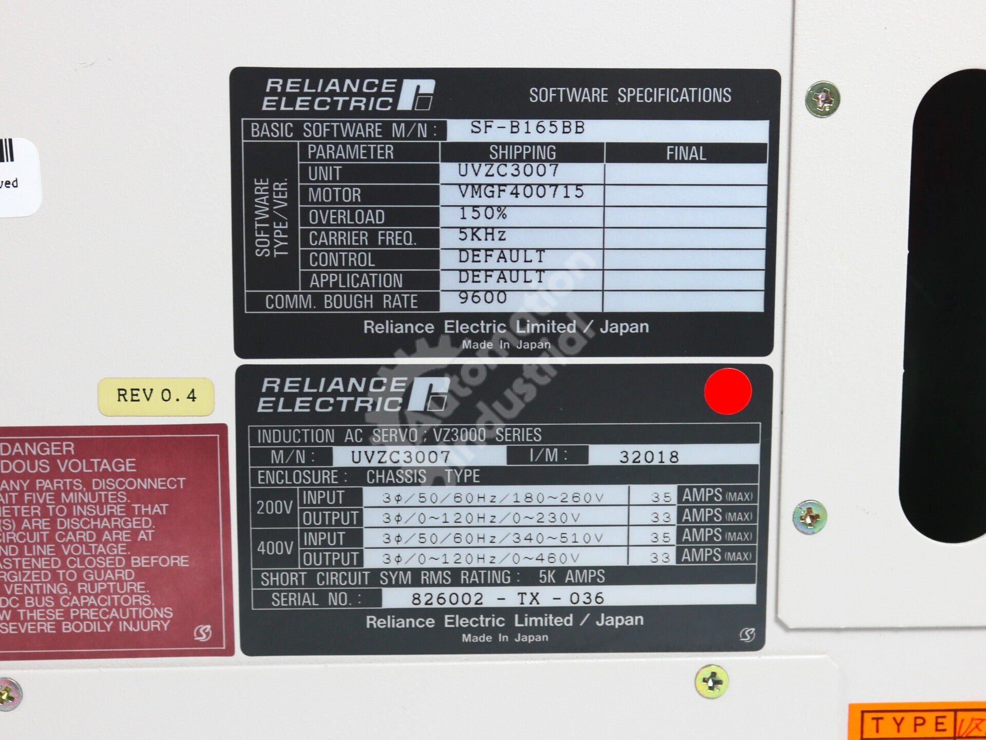 UVZC3007 By Reliance Electric UVZC-3007 3-Phase 230VAC Digital Servo Inverter