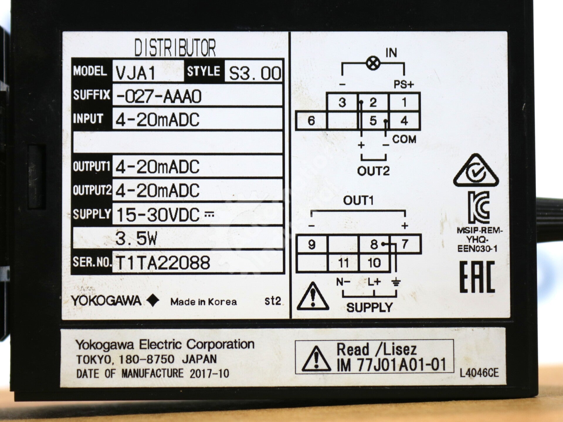 VJA1-027-AAA0 By Yokogawa Isolated Dual-Output Power Distributor