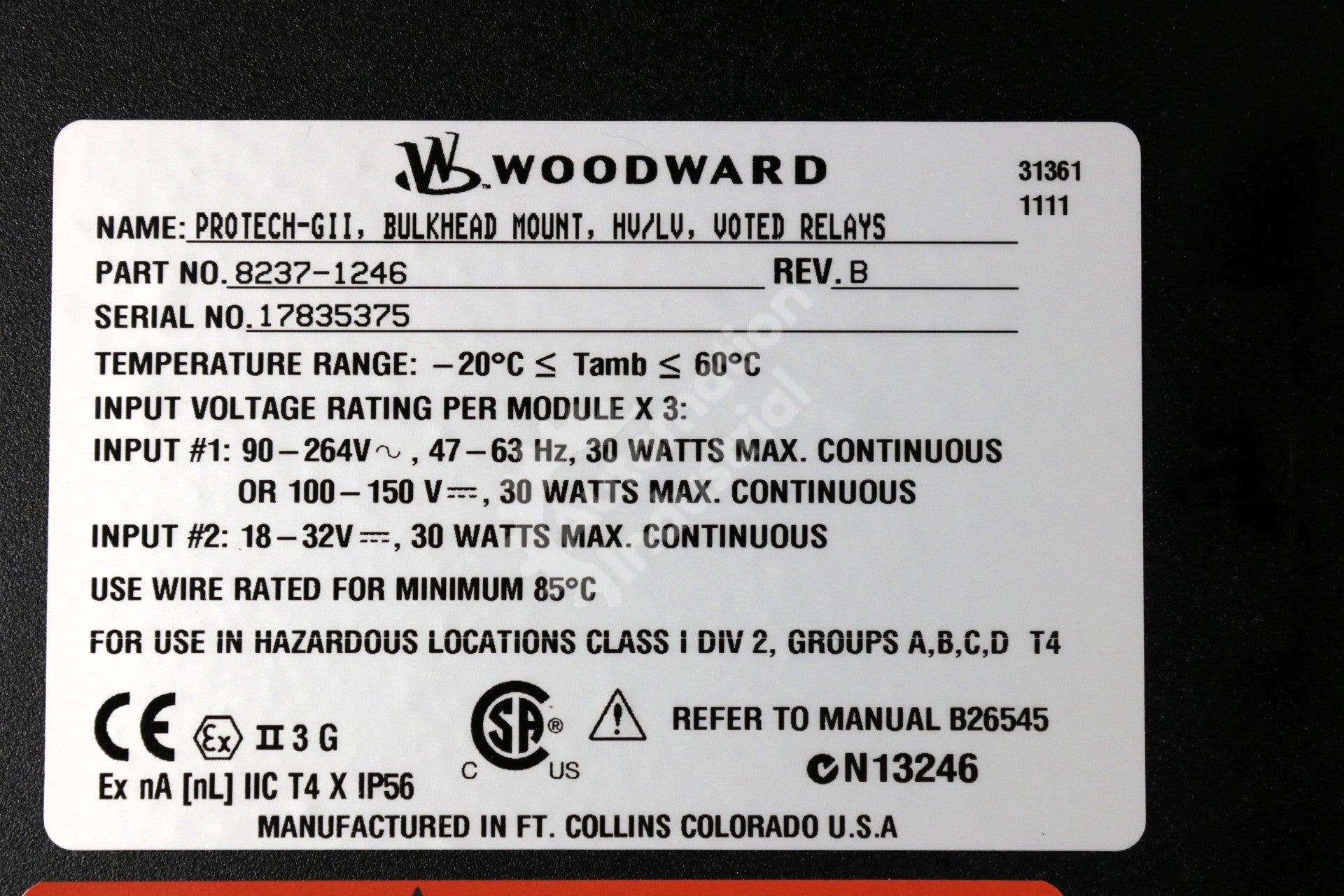 8237-1246 by Woodward Configurable Overspeed Detection System ProTech-GII Series