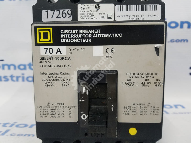 Square D FCP34070MT 70 Amp Circuit Breaker 3 Pole 480V  FCP34070MT1212