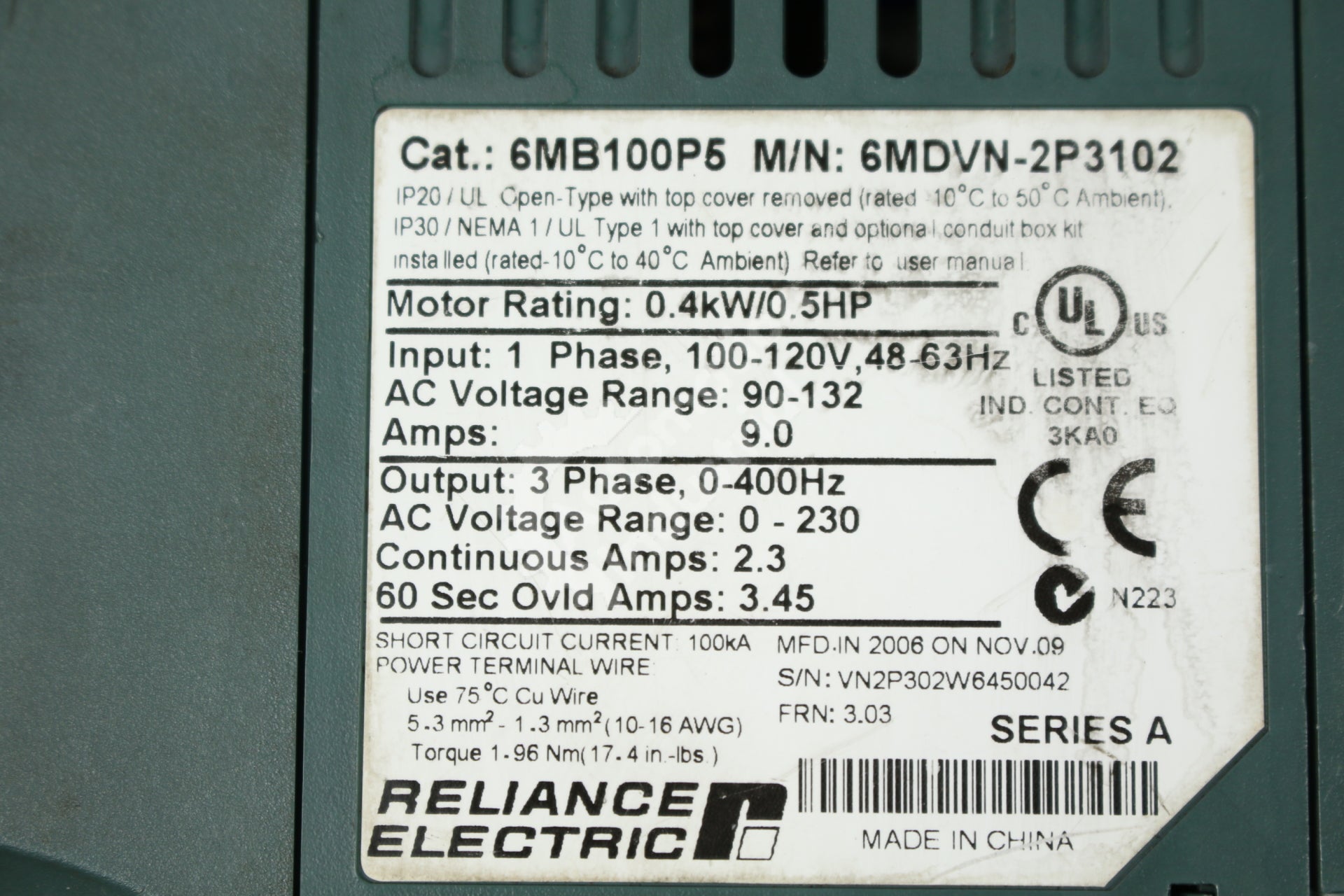 Reliance Electric 6MDVN-2P3102 6MB100P5  0.5HP 120VAC 50/60Hz MD65 Brushless Motor Controller