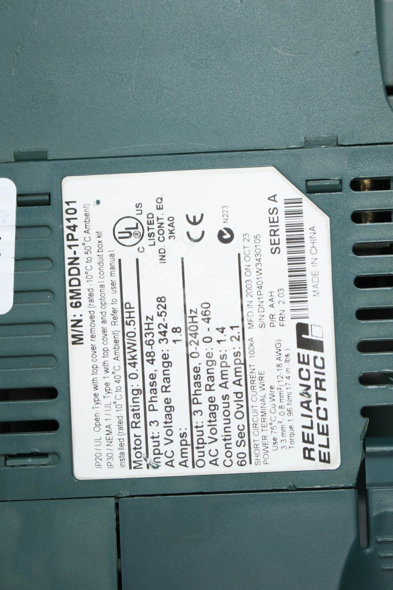 6MDDN-1P4101 By Reliance Electric .5HP 3 Phase MD60 ACDrive
