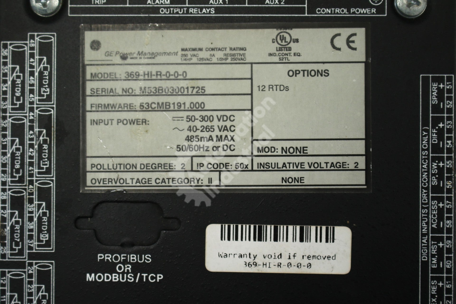 GE Multilin 369-HI-R-0-0-0 Motor Management Relay