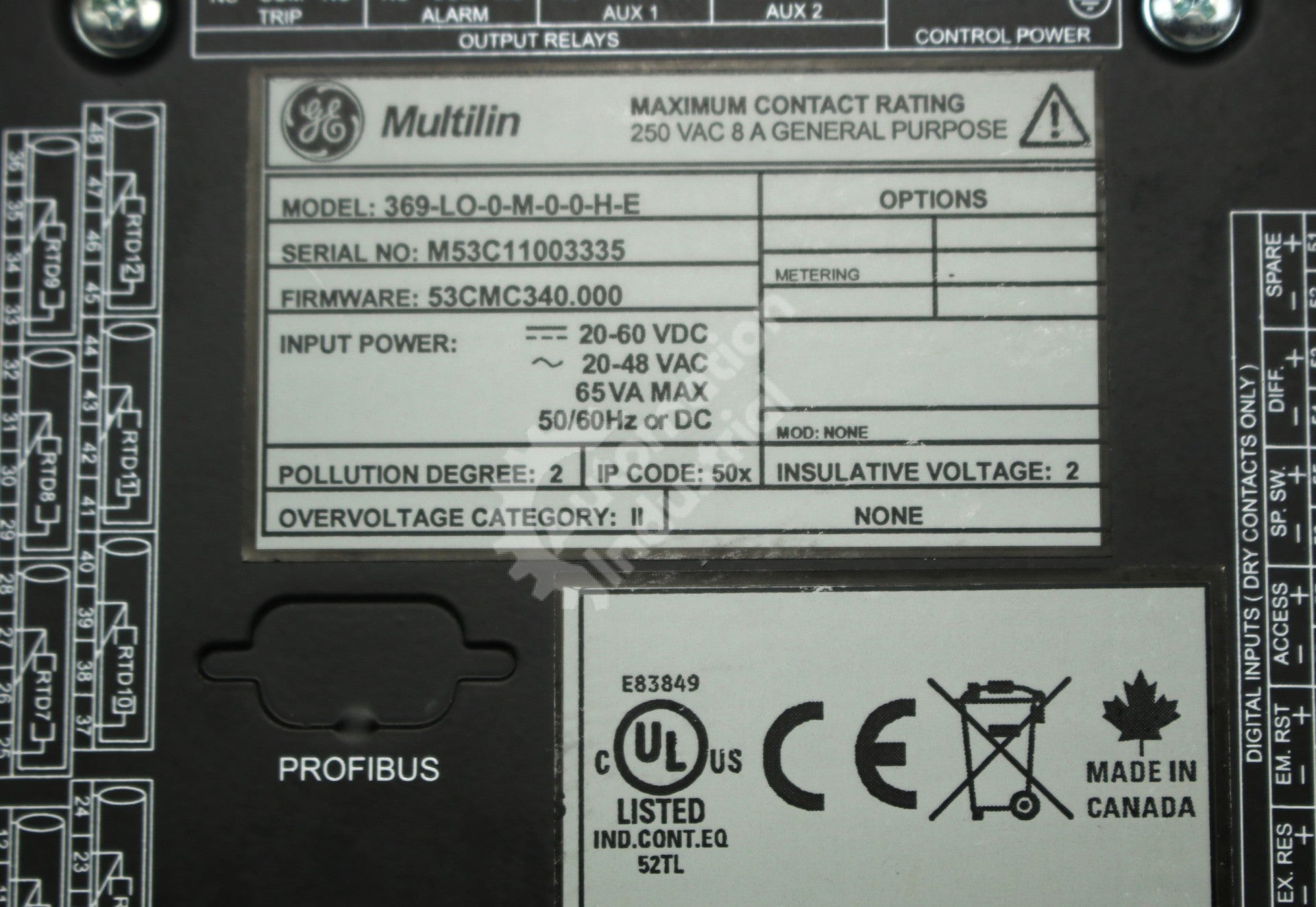 GE Multilin 369-LO-0-M-0-0-H-E Motor Management Relay