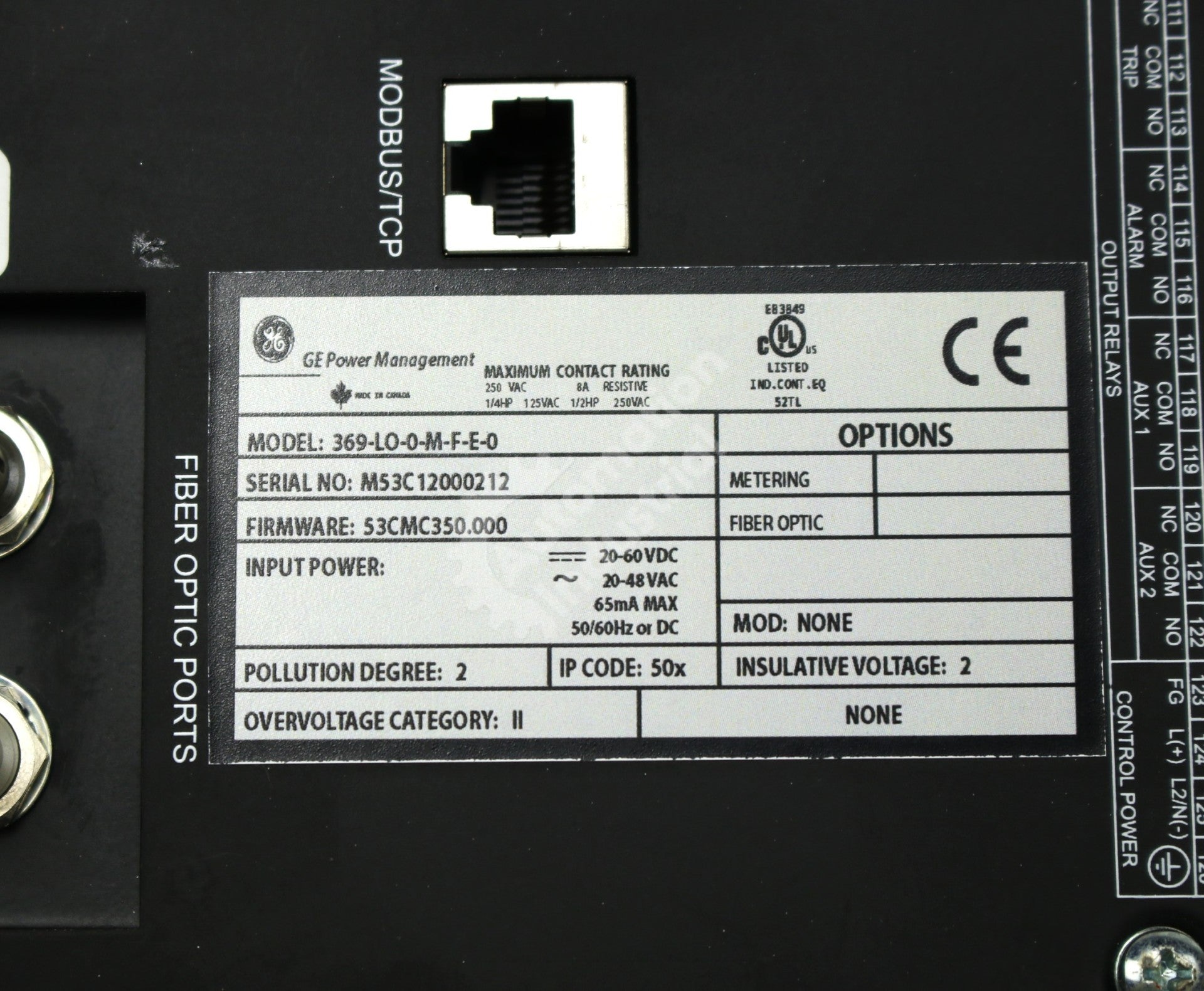 GE Multilin 369-LO-0-M-F-E-0 Motor Management Relay