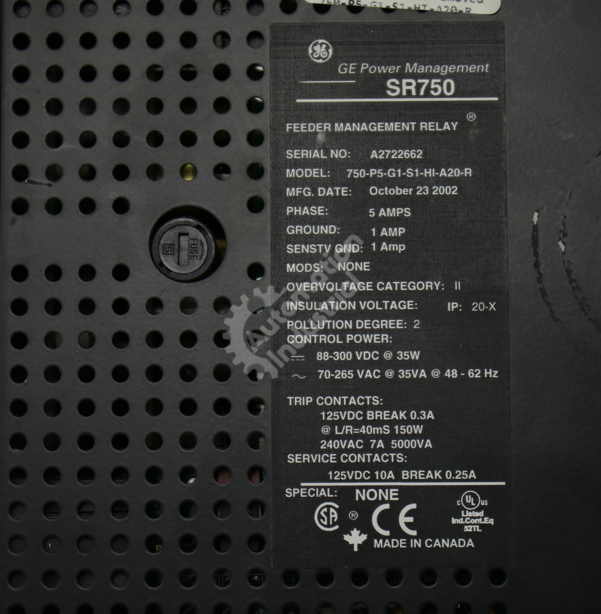 GE Multilin 750-P5-G1-S1-HI-A20-R Feeder Management Relay