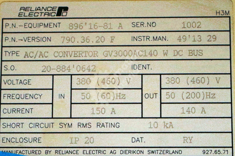 GV3000U-AC140-AA-DBT by Reliance Electric 896.16.81 3 Phase 460V AC Drive GV3000