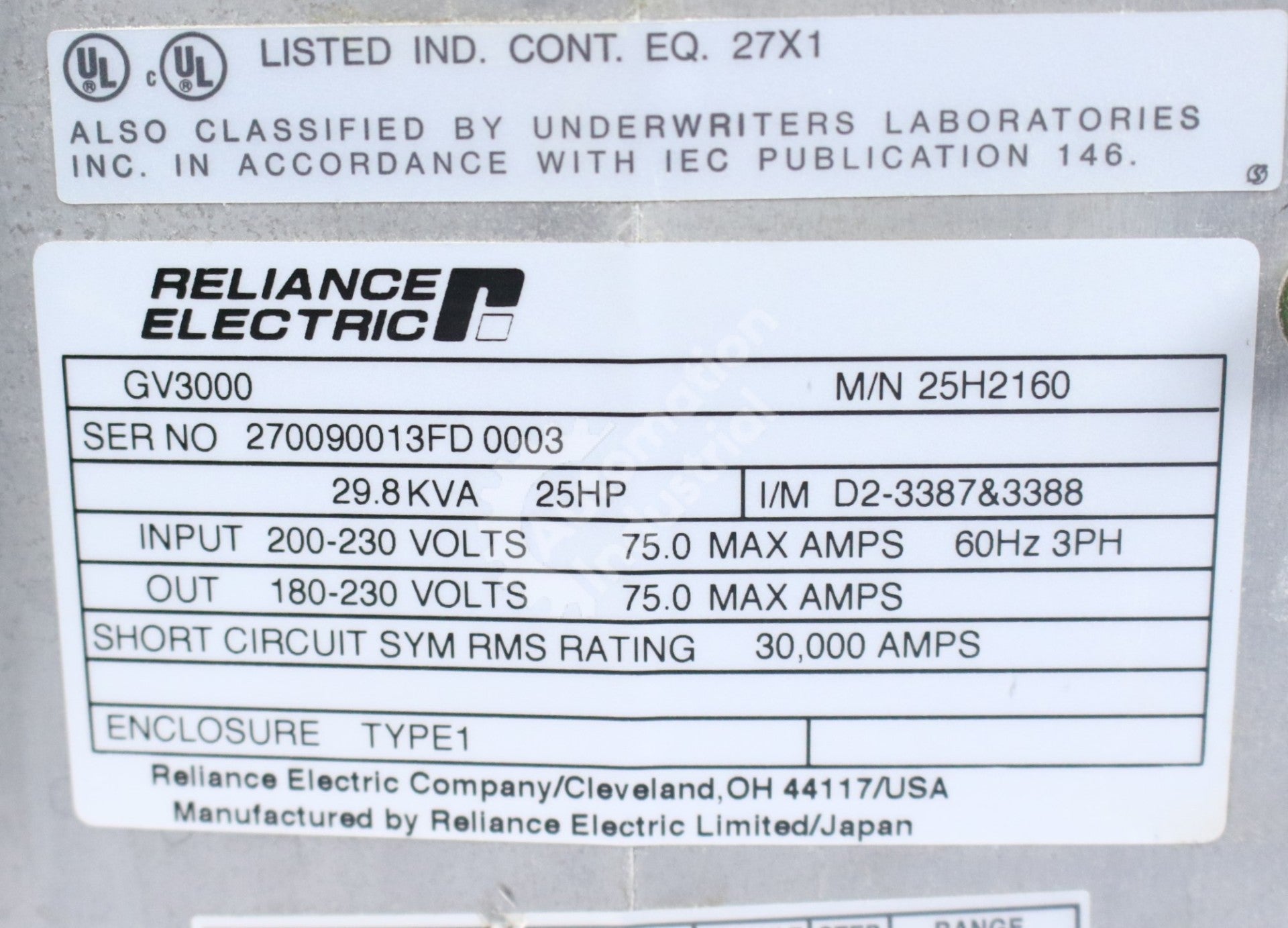 Reliance Electric 25H2160 25 HP GV3000 Drive