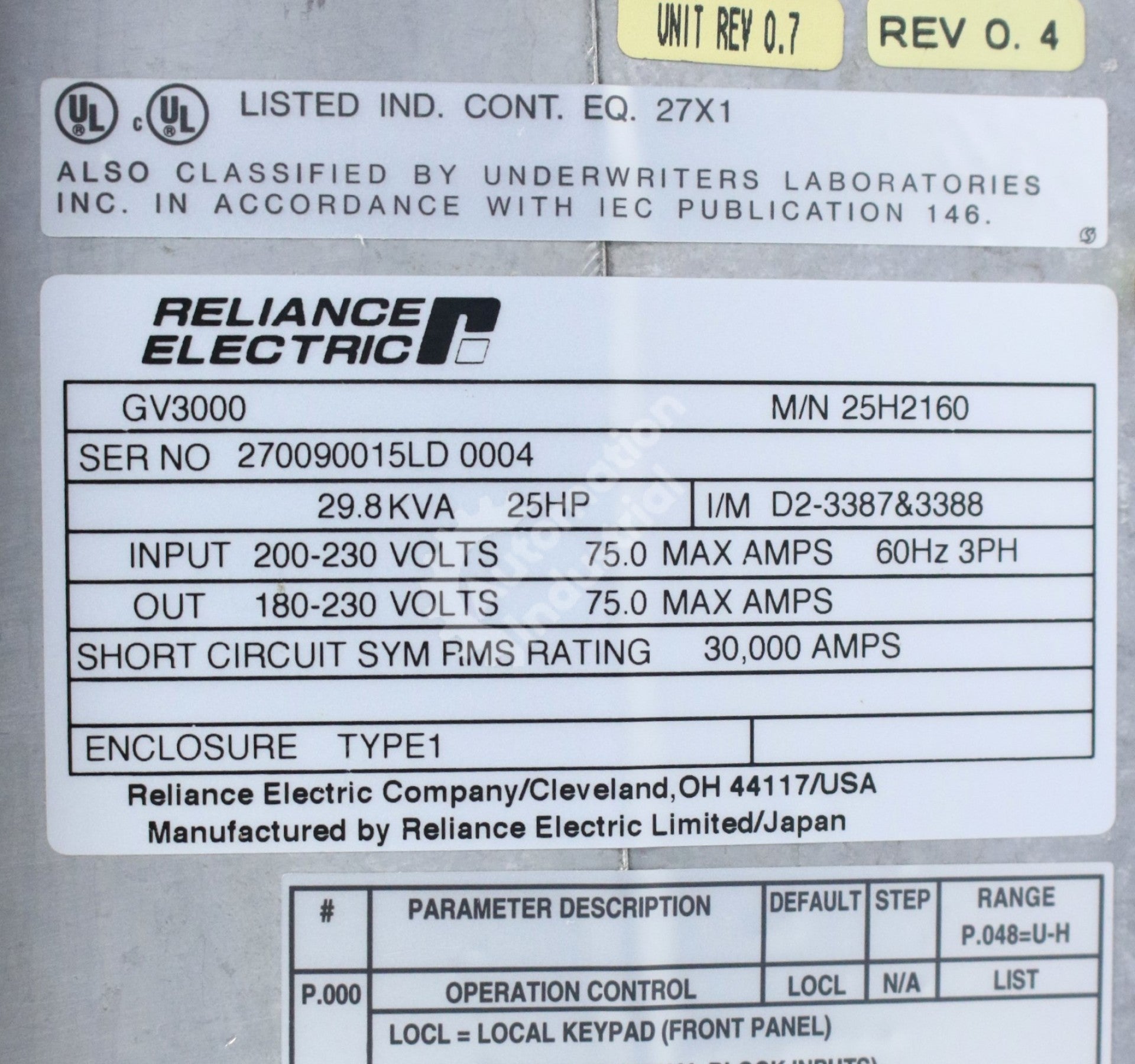 25H2160 by Reliance Electric 25HP 460AC GV3000 Drive New Surplus Factory Package