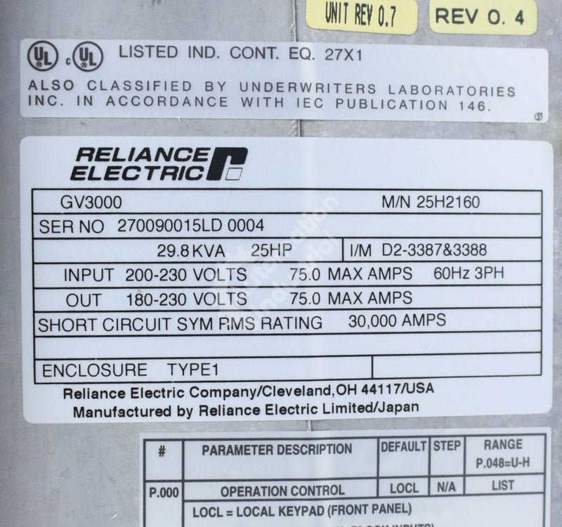 25H2160 by Reliance Electric  25 HP 460V AC Drive GV3000 New Surplus Factory Package
