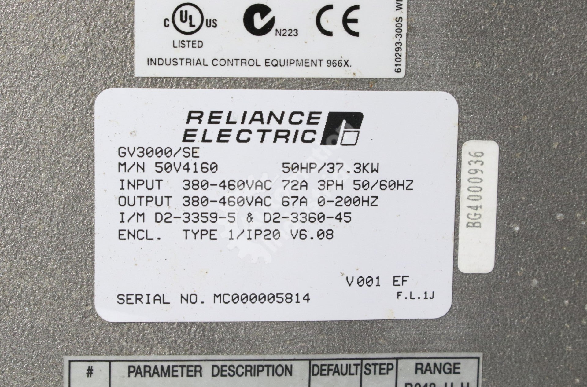 Reliance Electric 50V4160 50HP 460V GV3000 Drive