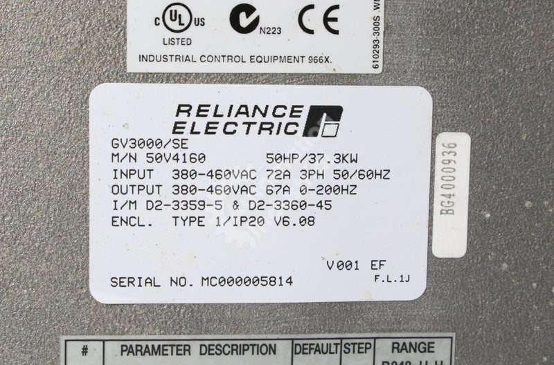 Reliance Electric 50V4160 50HP 460V GV3000 Drive