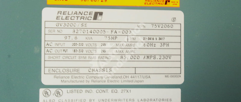 75V2060 by Reliance Electric 75HP 230V GV3000 Drive New Surplus Factory Package