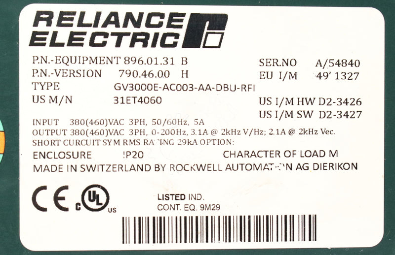 GV3000E-AC003-AA-DBU-RFI by Reliance Electric 31ET4060 3 Phase 460V Drive GV3000 New Surplus Factory Package