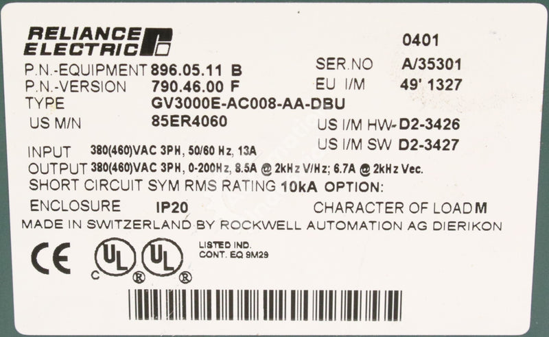GV3000E-AC008-AA-DBU by Reliance Electric 85ER4060 5HP 460V Drive GV3000
