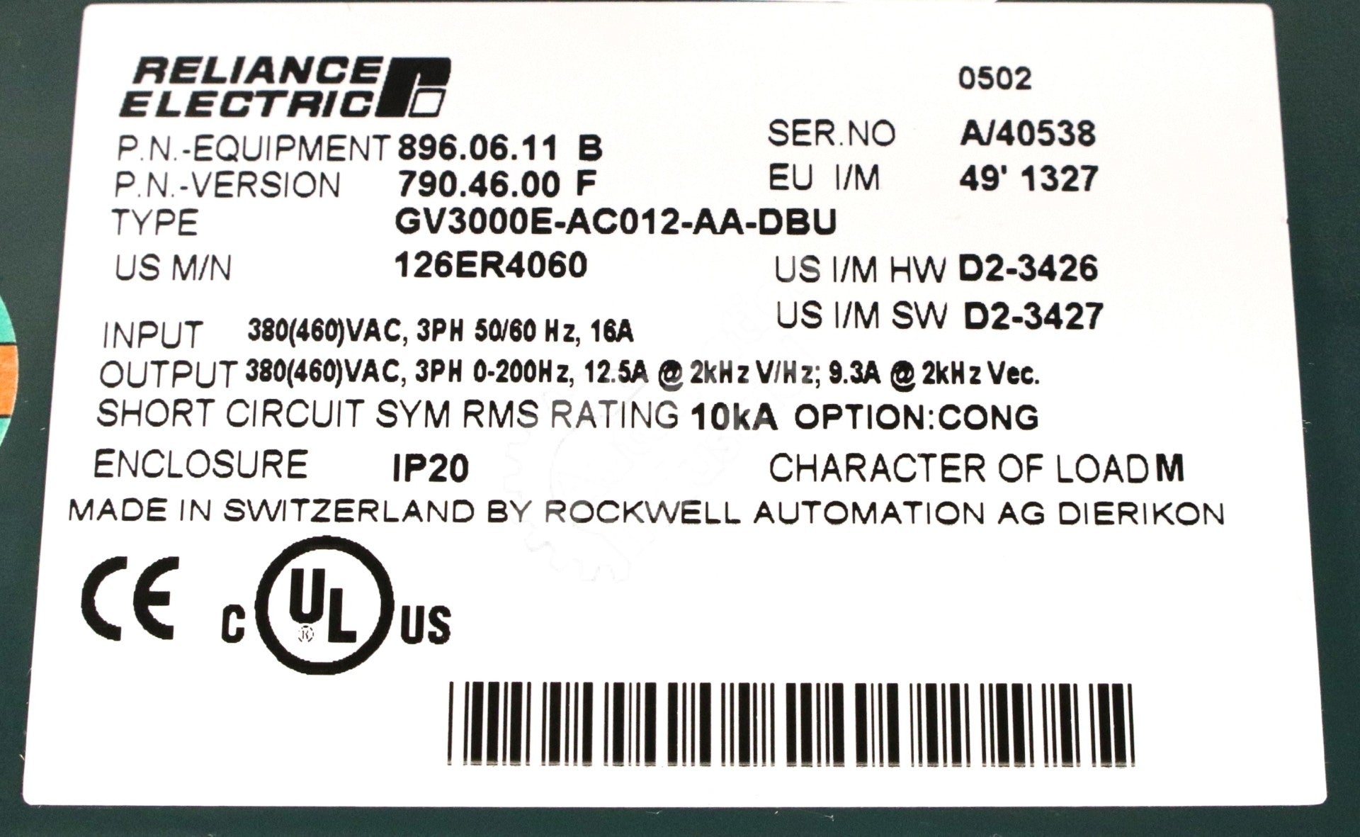 GV3000E-AC012-AA-DBU by Reliance Electric 126ER4060 3 Phase 460V Drive GV3000