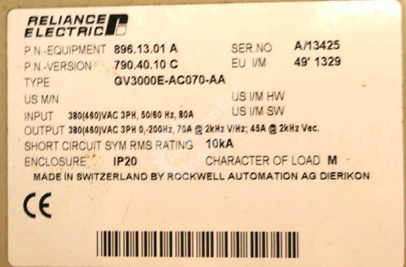 GV3000E-AC070-AA by Reliance Electric 3 Phase 460V AC Drive GV3000