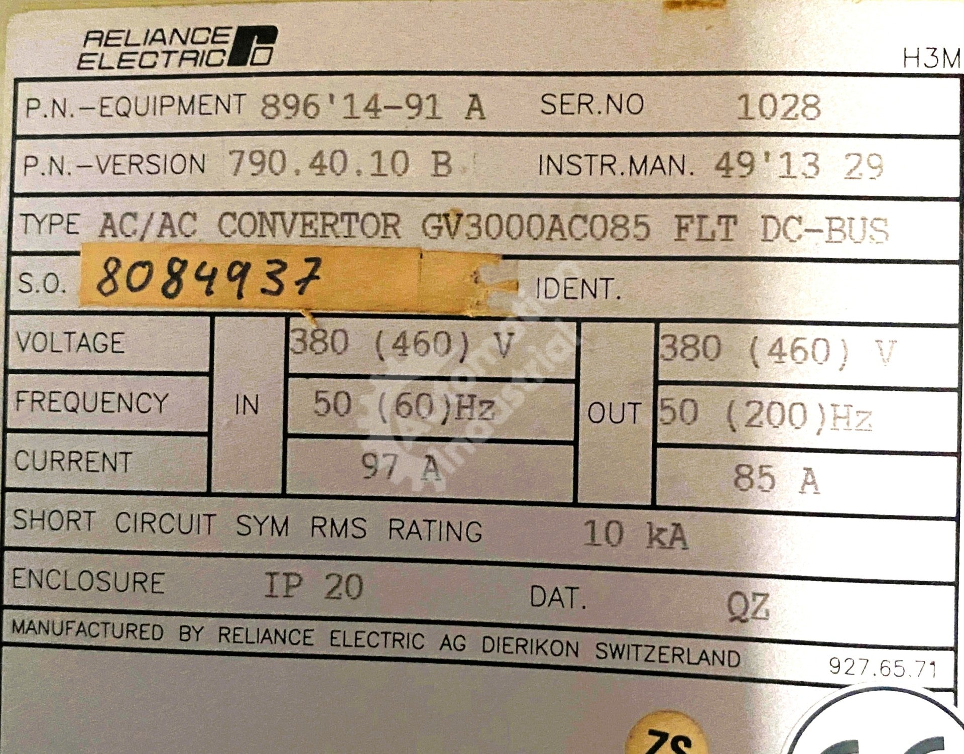 GV3000E-AC085-AA-DBT-RFI by Reliance Electric 50T4151 896.14.91 3 Phase 460V AC Drive