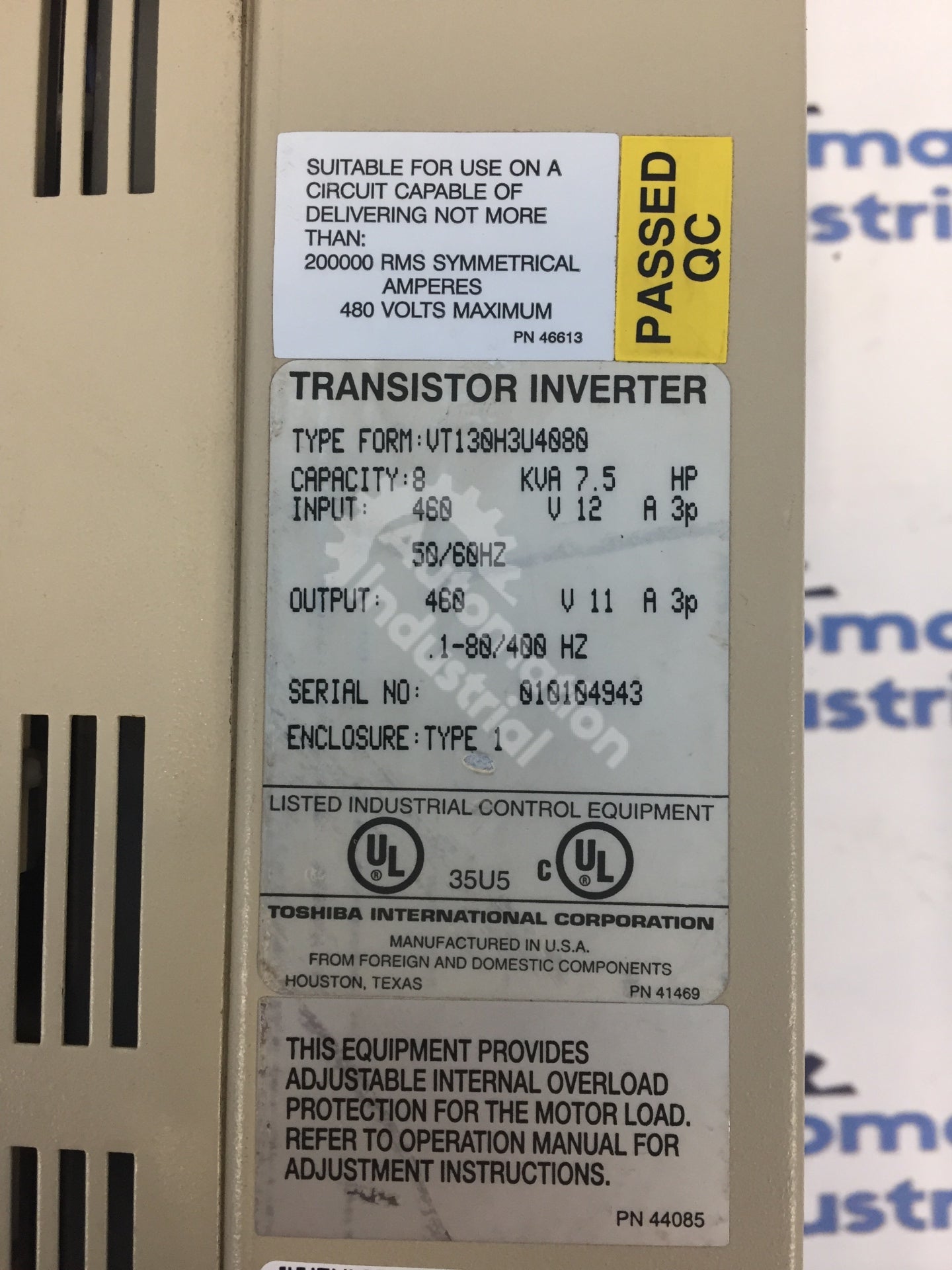 Toshiba VT130H3U4080 7.5HP 460VAC Transistor Inverter