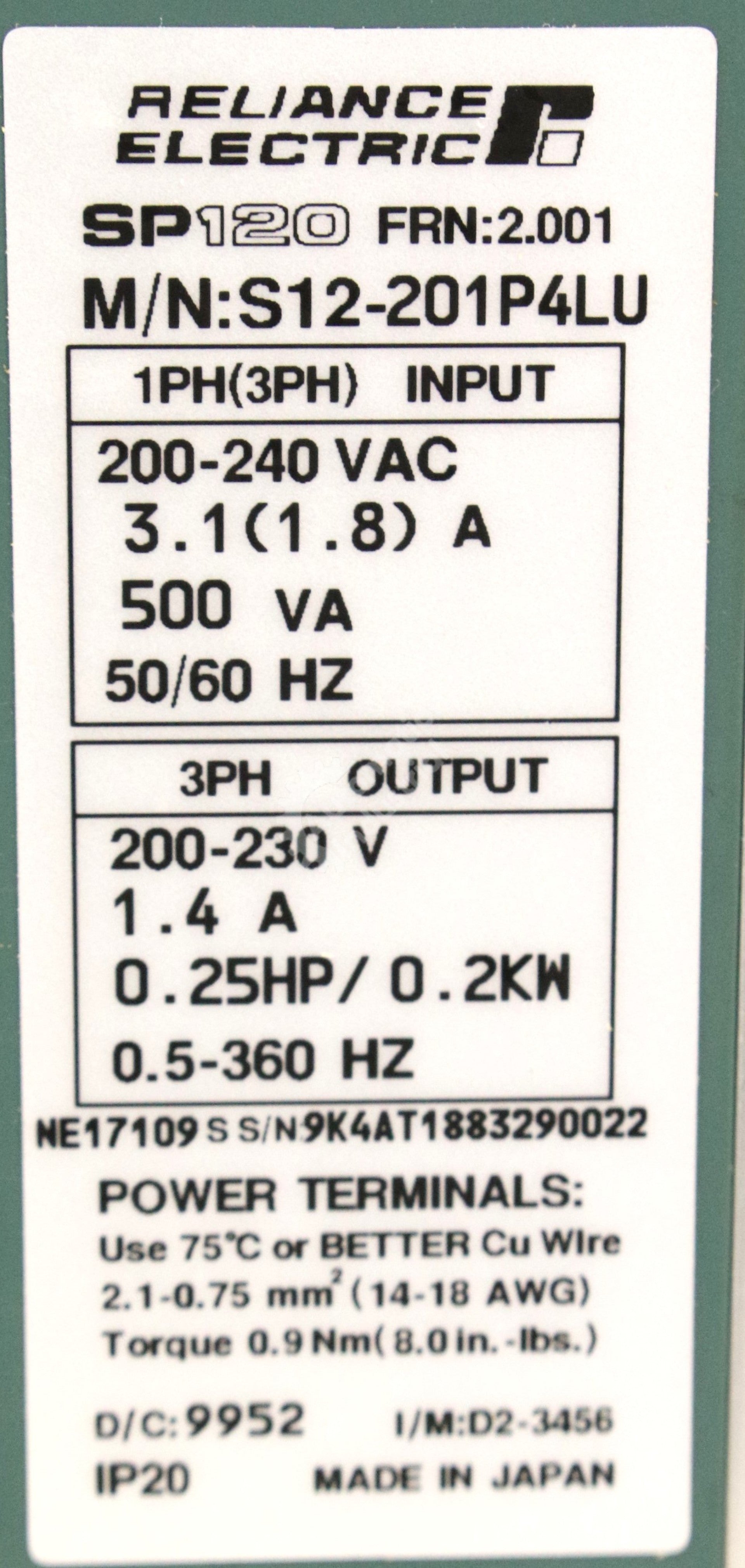 S12-202P6LU by Reliance Electric .5HP 240V AC Drive  SP120 New Surplus Factory Package