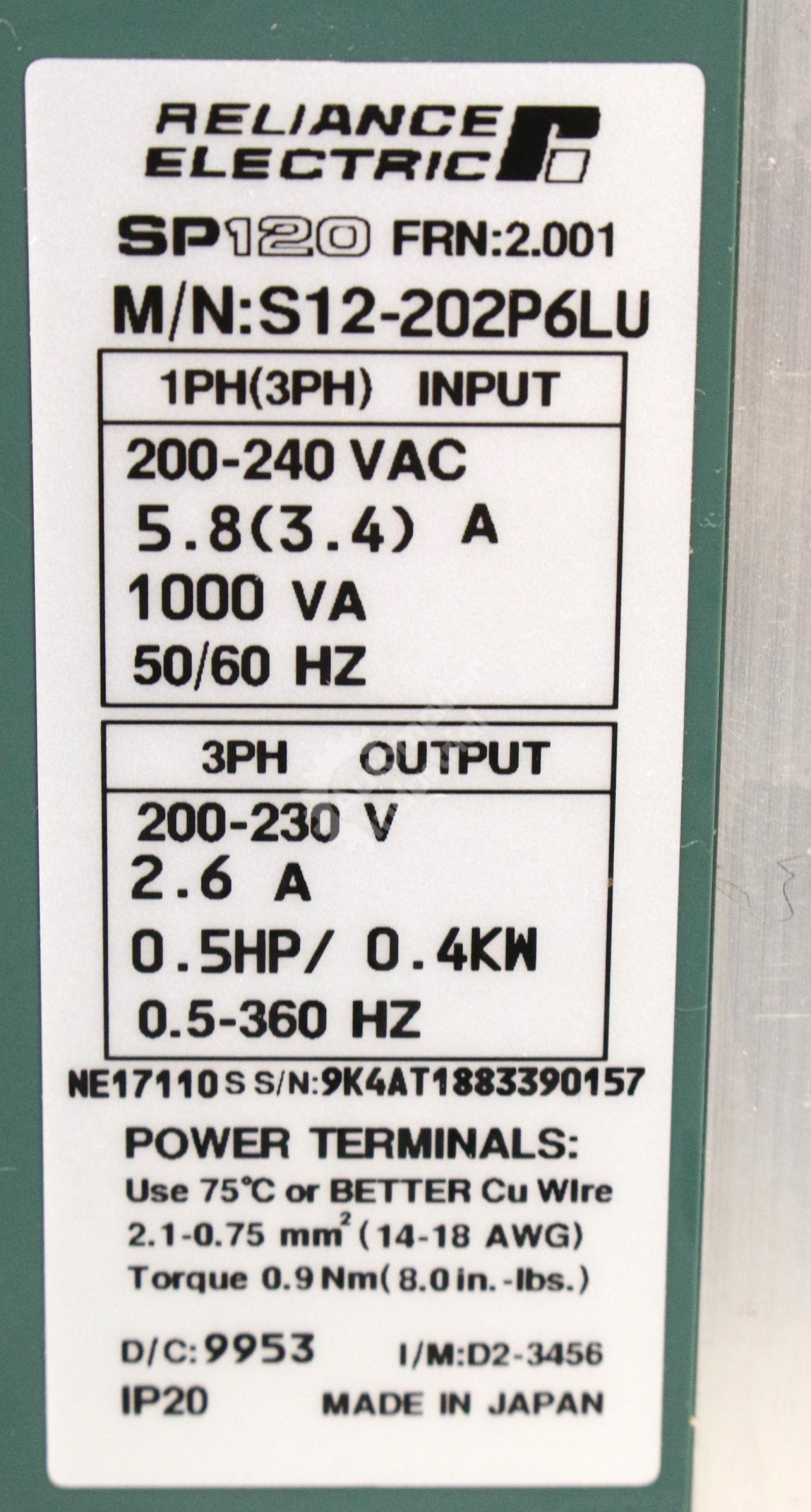 S12-201P4LU by Reliance Electric .25HP 230V AC Drive SP120 New Surplus Factory Package