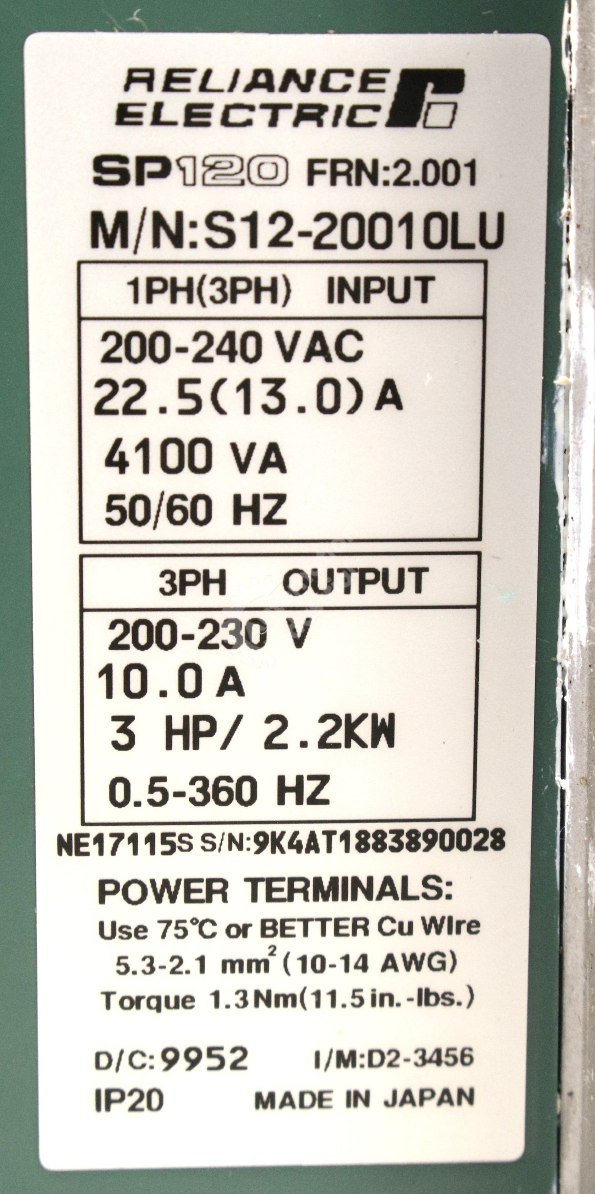 S12-20010LU by Reliance Electric 3HP 230V AC Drive