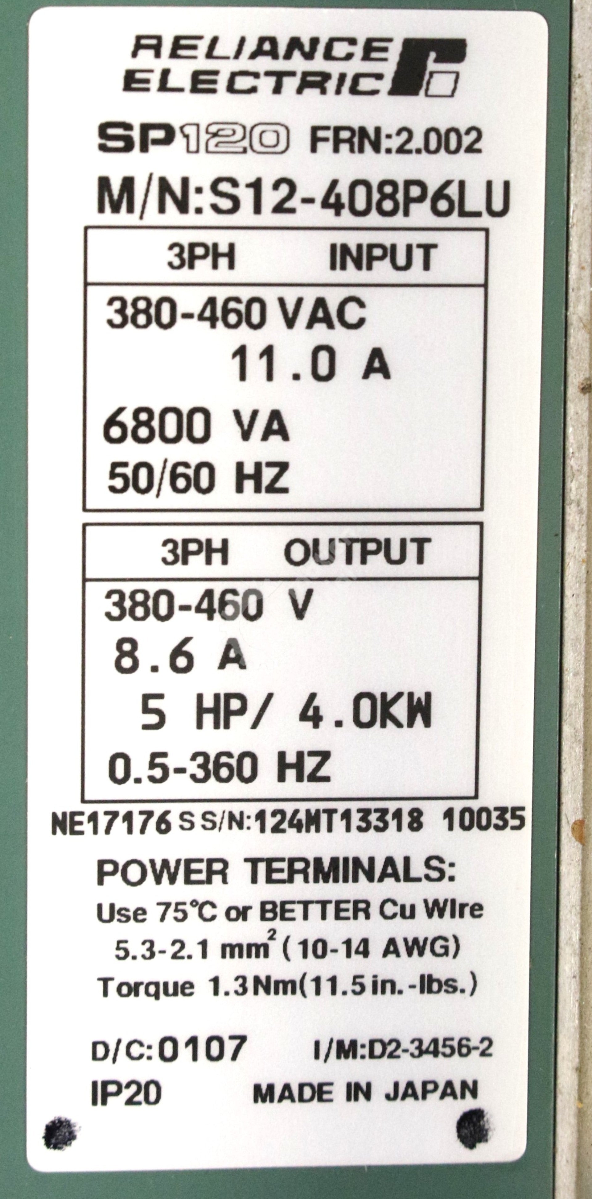 S12-408P6LU by Reliance Electric 5HP 460V AC Drive SP120